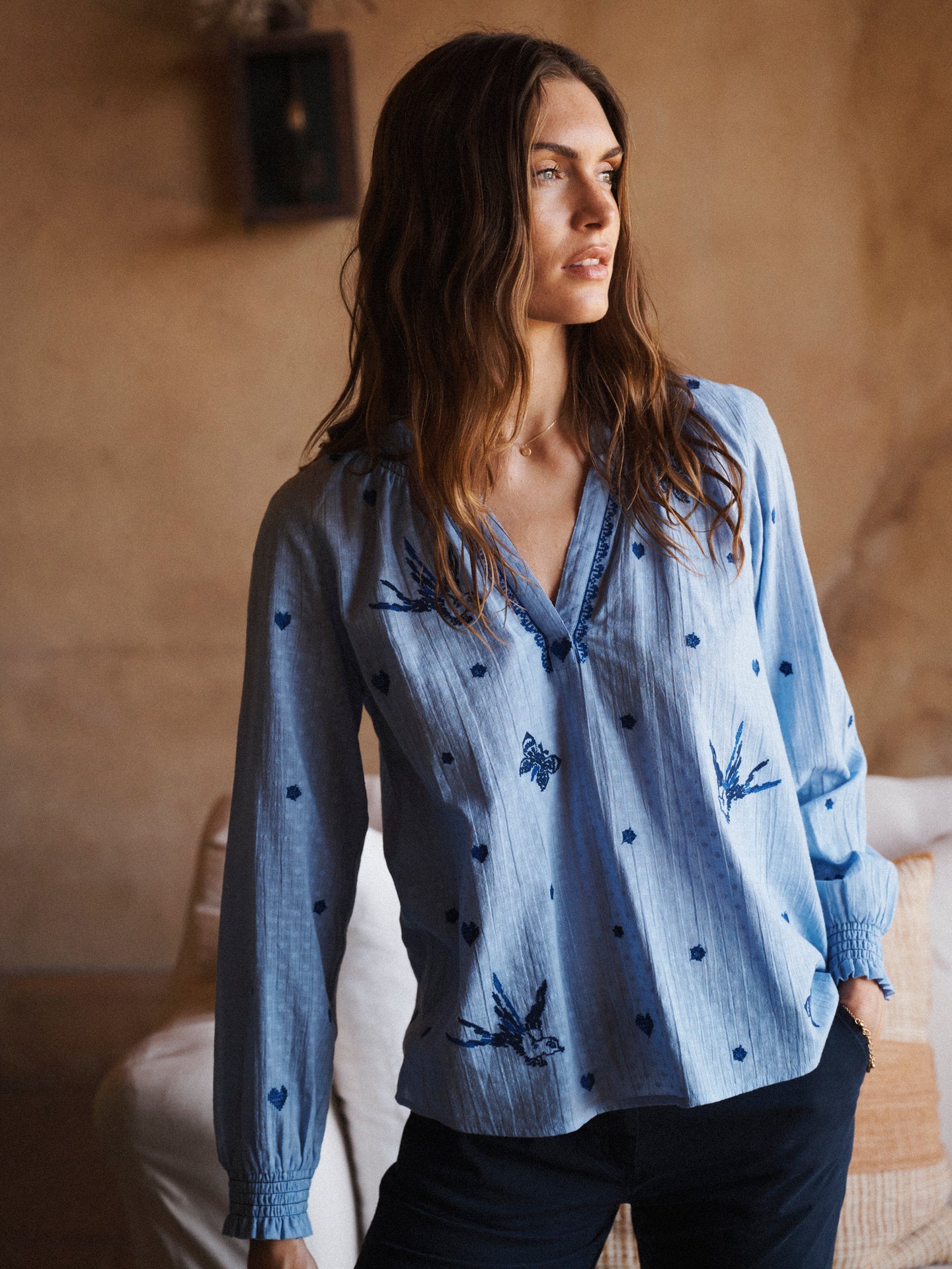 Lovebird cotton embroidered shirt - Blue