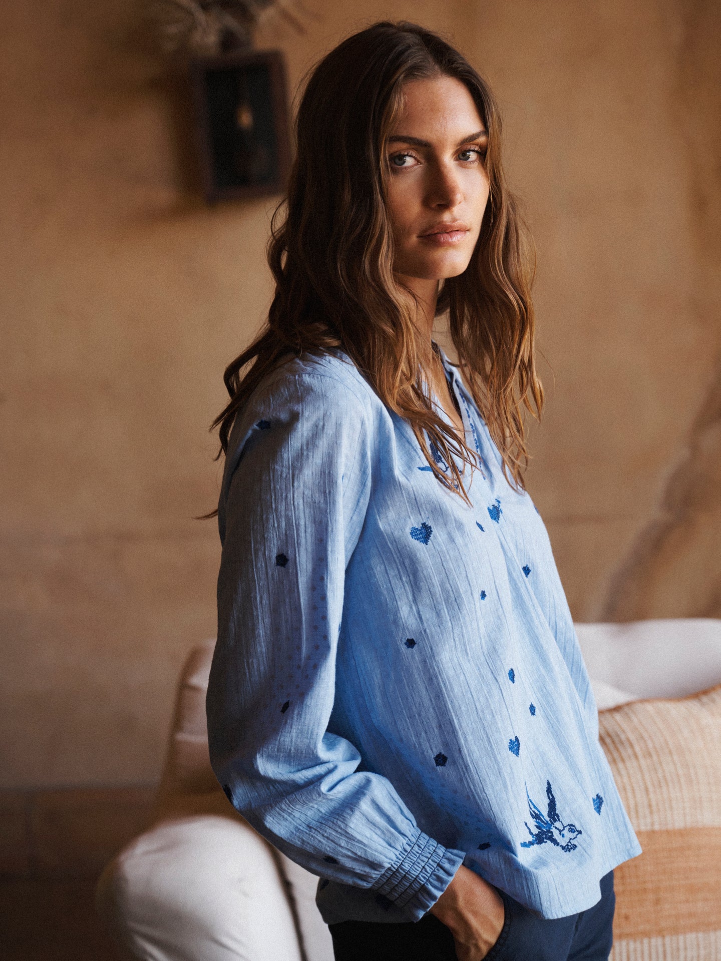 Lovebird cotton embroidered shirt - Blue