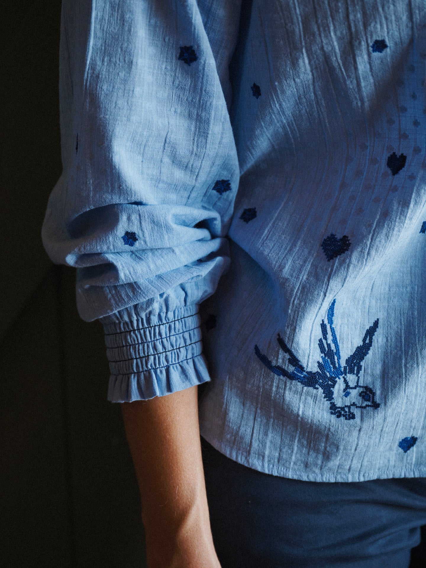 Lovebird cotton embroidered shirt - Blue