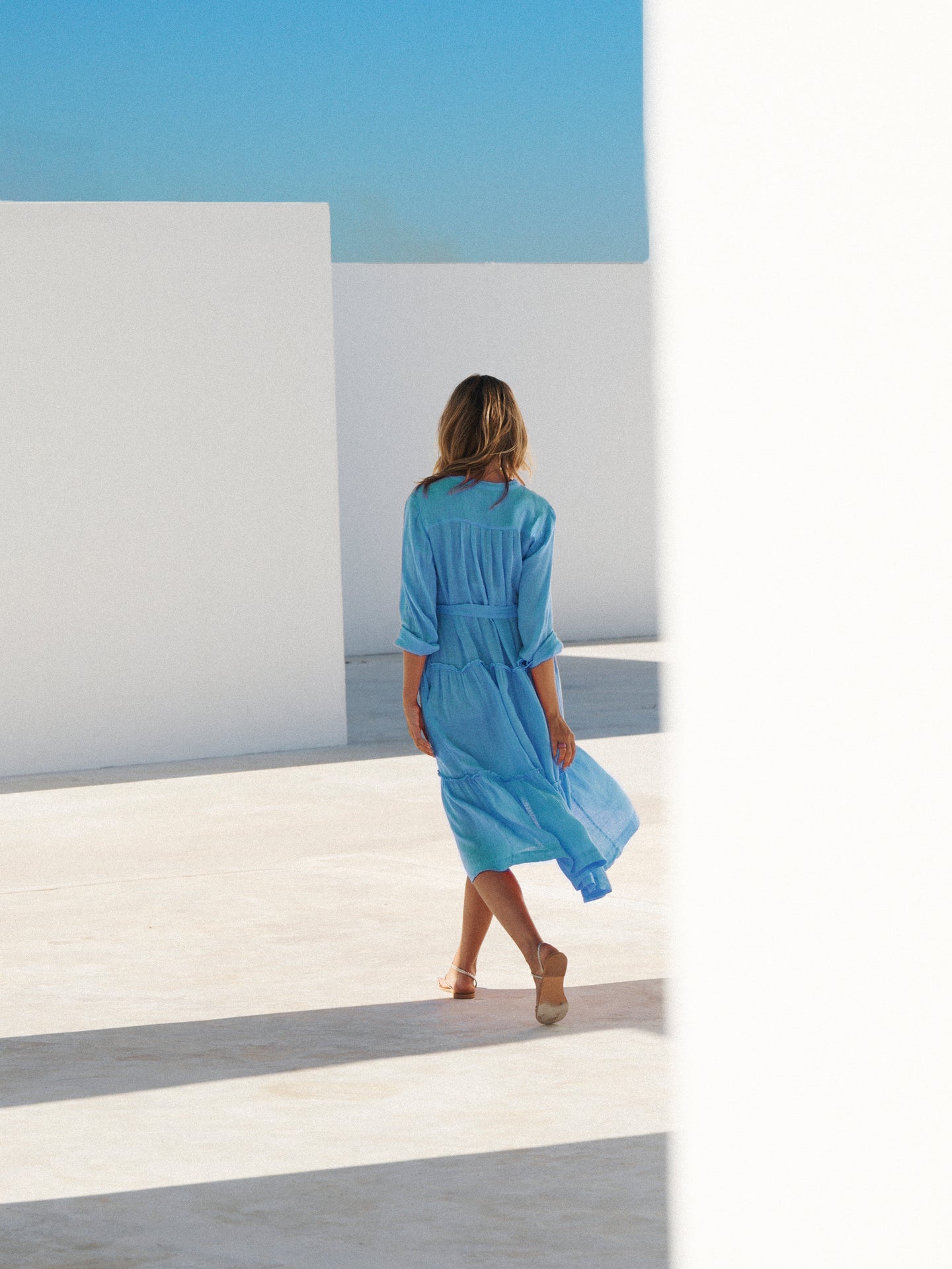 Braga Gauze Linen Tiered Dress in Delft Blue | NRBY Clothing Braga Gauze Linen Tiered Dress in Delft Blue | NRBY Clothing