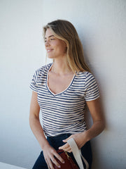 Charlie linen printed stripe t-shirt - Blue inky stripe | NRBY Clothing