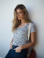 Charlie linen printed stripe t-shirt - Blue inky stripe | NRBY Clothing