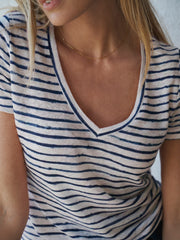 Charlie linen printed stripe t-shirt - Blue inky stripe | NRBY Clothing