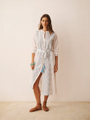 Cherie linen cotton broderie dress - White with blue crystal | NRBY Clothing