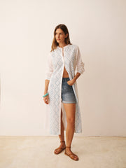 Cherie linen cotton broderie dress - White / Crystal Blue | NRBY Clothing