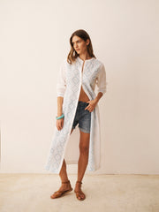 Cherie linen cotton broderie dress - White / Crystal Blue | NRBY Clothing