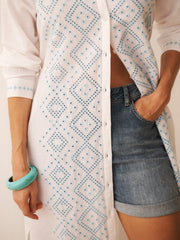 Cherie linen cotton broderie dress - White / Crystal Blue | NRBY Clothing