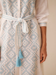 Cherie linen cotton broderie dress - White with blue crystal | NRBY Clothing