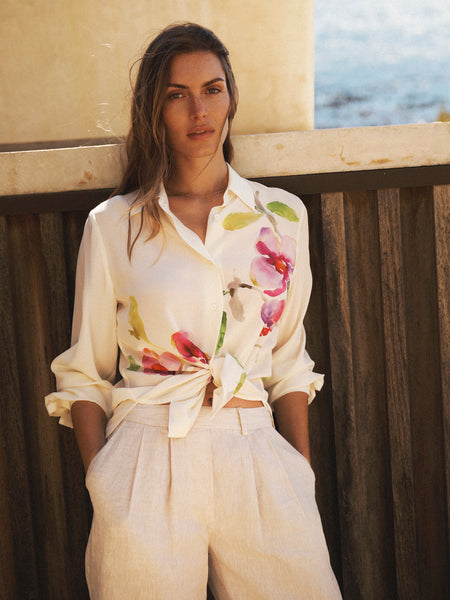 Chiara Silk Orchid Print Shirt - Oyster | NRBY Clothing