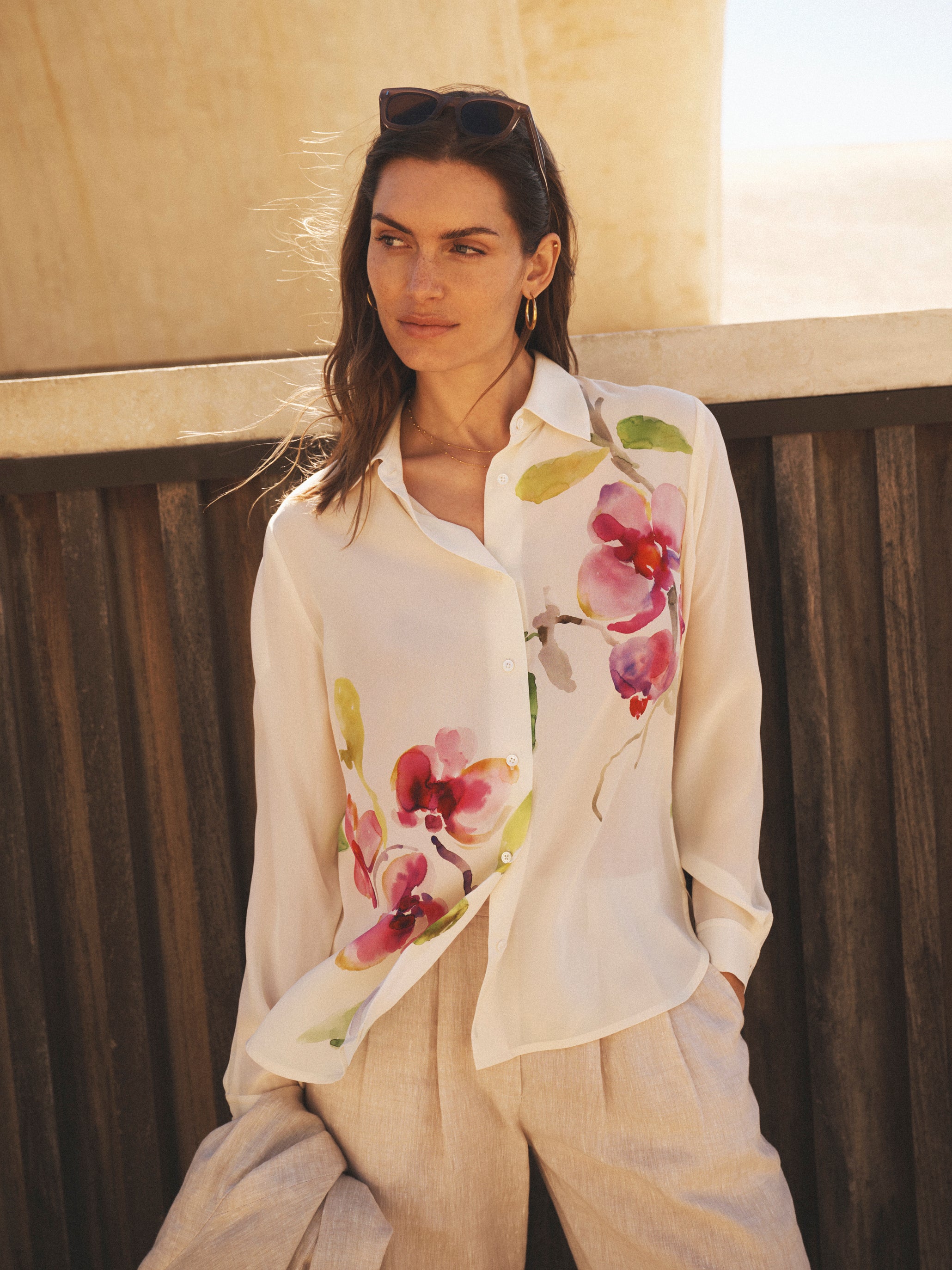 Chiara Silk Orchid Print Shirt - Oyster | NRBY Clothing