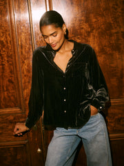 Chiara silk blend velvet pinstripe shirt - Black Pinstripe | NRBY Clothing