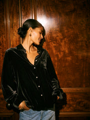 Chiara silk blend velvet pinstripe shirt - Black Pinstripe | NRBY Clothing