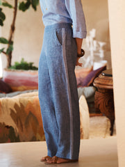 Thea linen side stripe trouser - Dark denim with chambray stripe | NRBY Clothing