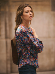 Curtis Silk Navy Painterly Paisley Print Top