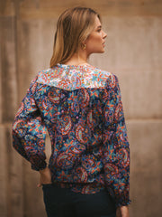 Curtis Silk Navy Painterly Paisley Print Top