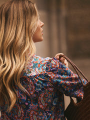 Curtis Silk Navy Painterly Paisley Print Top