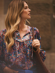 Curtis Silk Navy Painterly Paisley Print Top