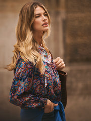 Curtis Silk Navy Painterly Paisley Print Top