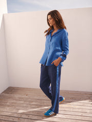 Thea linen side stripe trouser - Navy / Blue