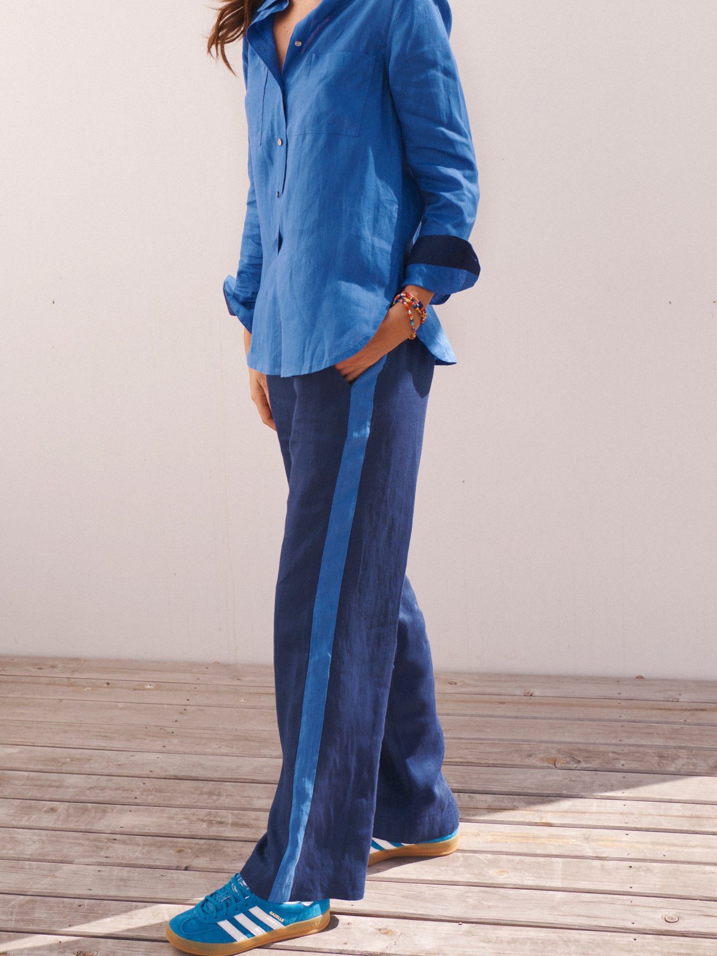 Thea linen side stripe trouser - Navy / Bright Blue