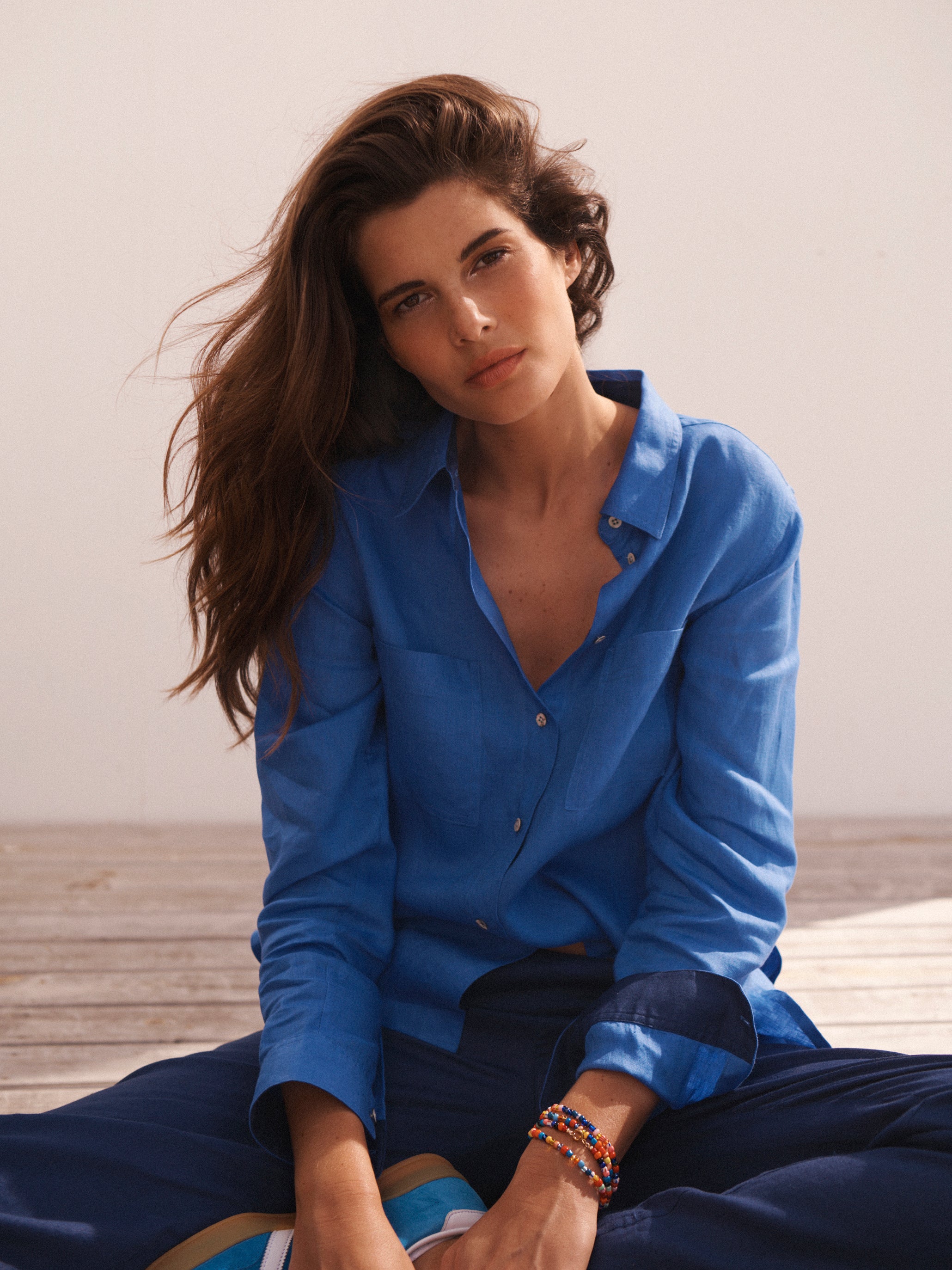 Carla linen shirt in Bright Blue & Navy | NRBY Clothing