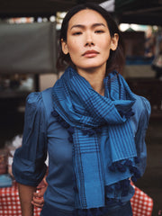 Check Scarf with Pompom Tassel