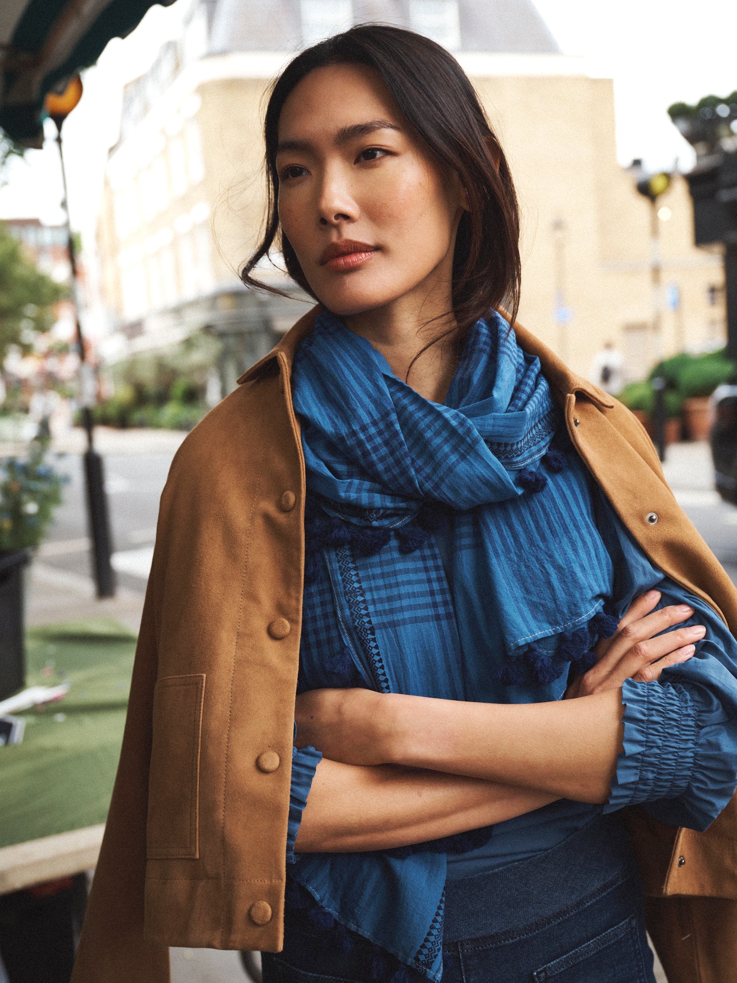 Check Scarf with Pompom Tassel