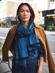 Check Scarf with Pompom Tassel