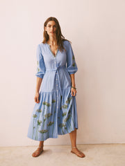 Ellen cotton seersucker embroidered maxi dress - Mid Blue | NRBY Clothing
