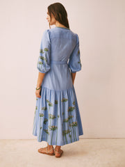 Ellen cotton seersucker embroidered maxi dress - Mid Blue | NRBY Clothing