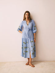 Ellen cotton seersucker embroidered maxi dress - Mid Blue | NRBY Clothing