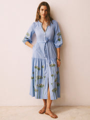 Ellen cotton seersucker embroidered maxi dress - Mid blue | NRBY Clothing