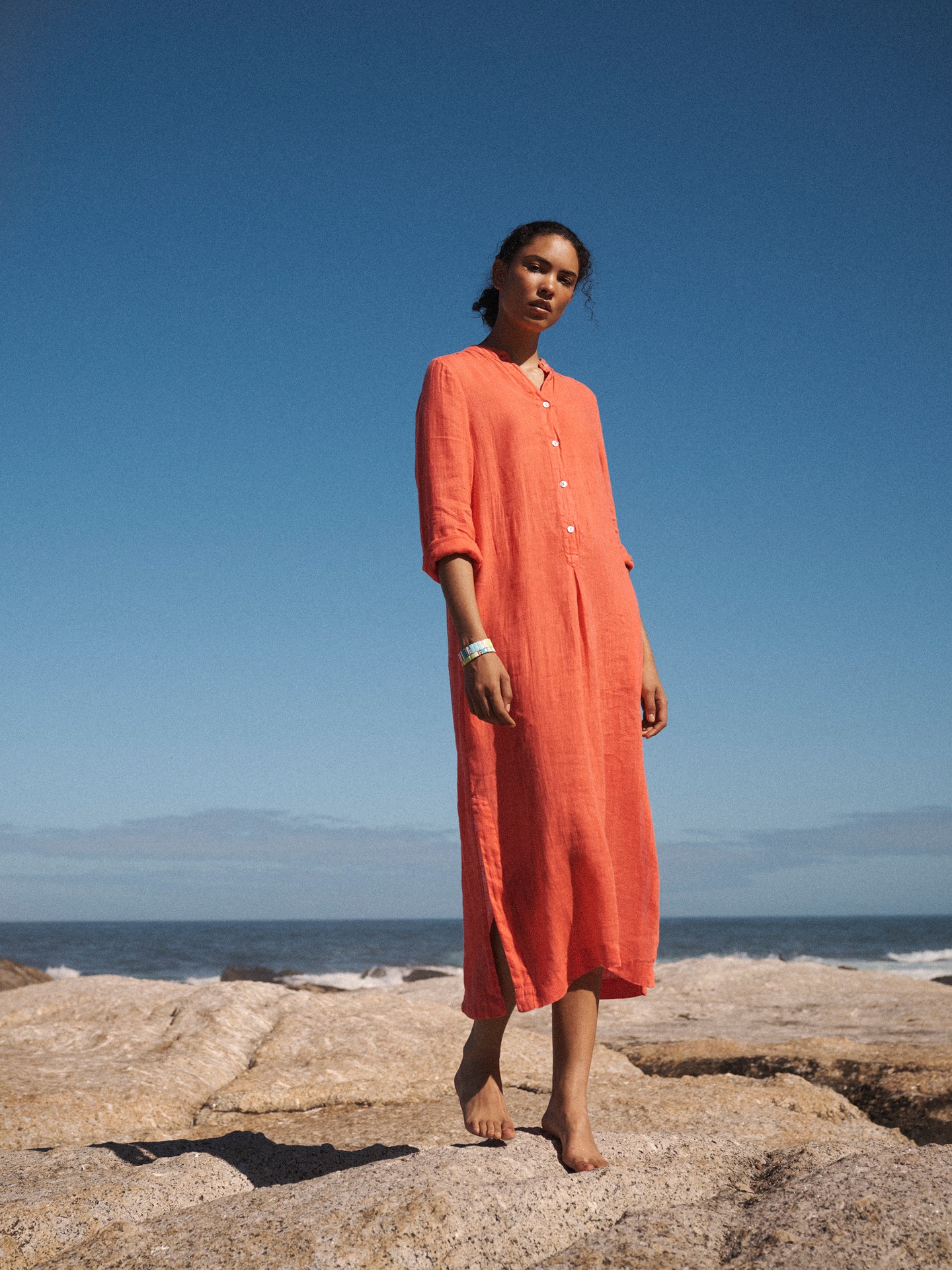 Elva Gauze Linen Tunic Dress in Mandarin | NRBY Clothing Elva Gauze Linen Tunic Dress in Mandarin | NRBY Clothing
