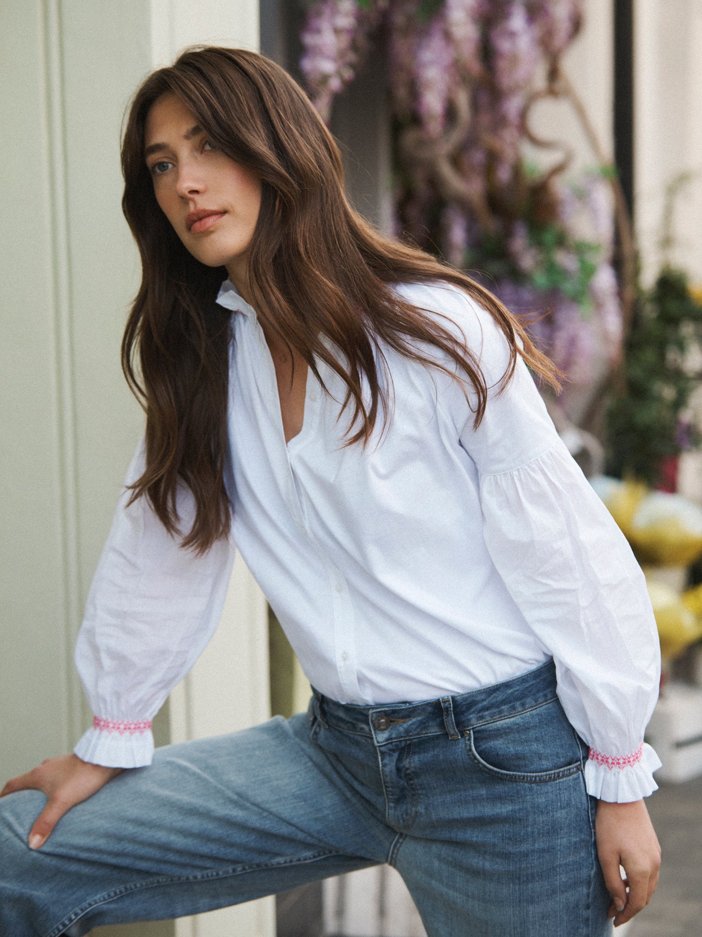 Esther cotton embroidered shirt - White / Pink