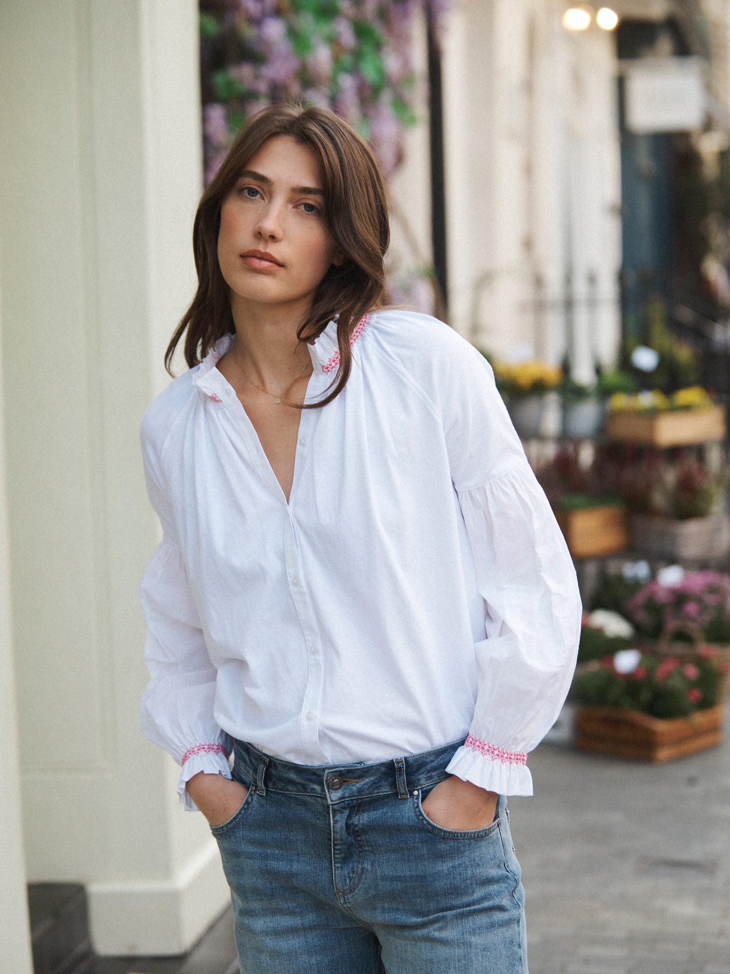 Esther cotton embroidered shirt - White / Pink