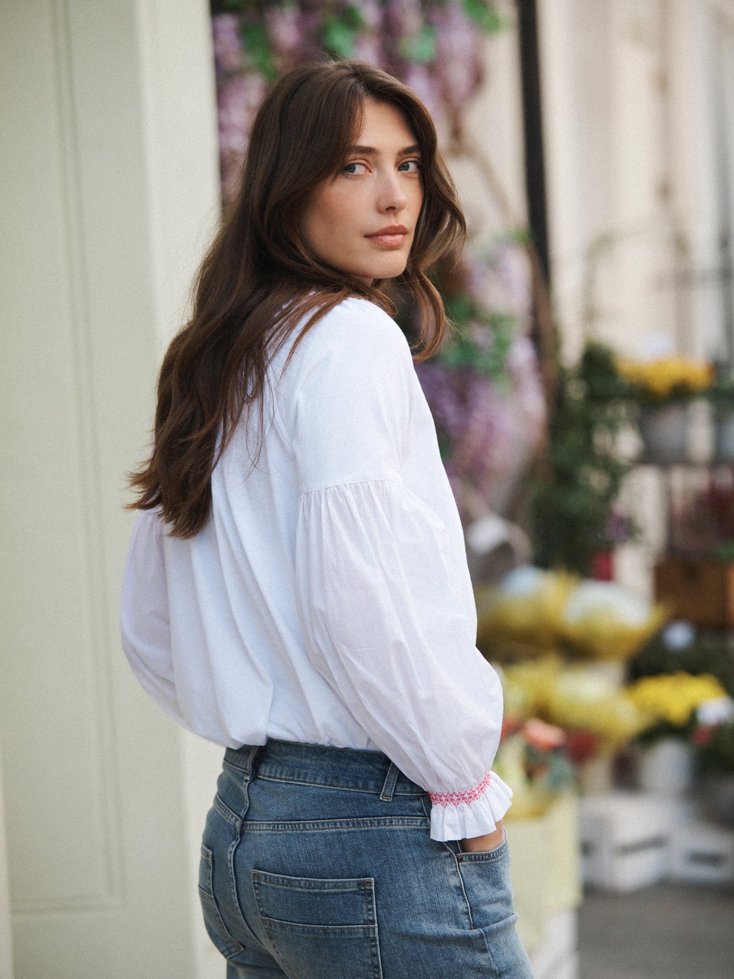 Esther cotton embroidered shirt - White / Pink