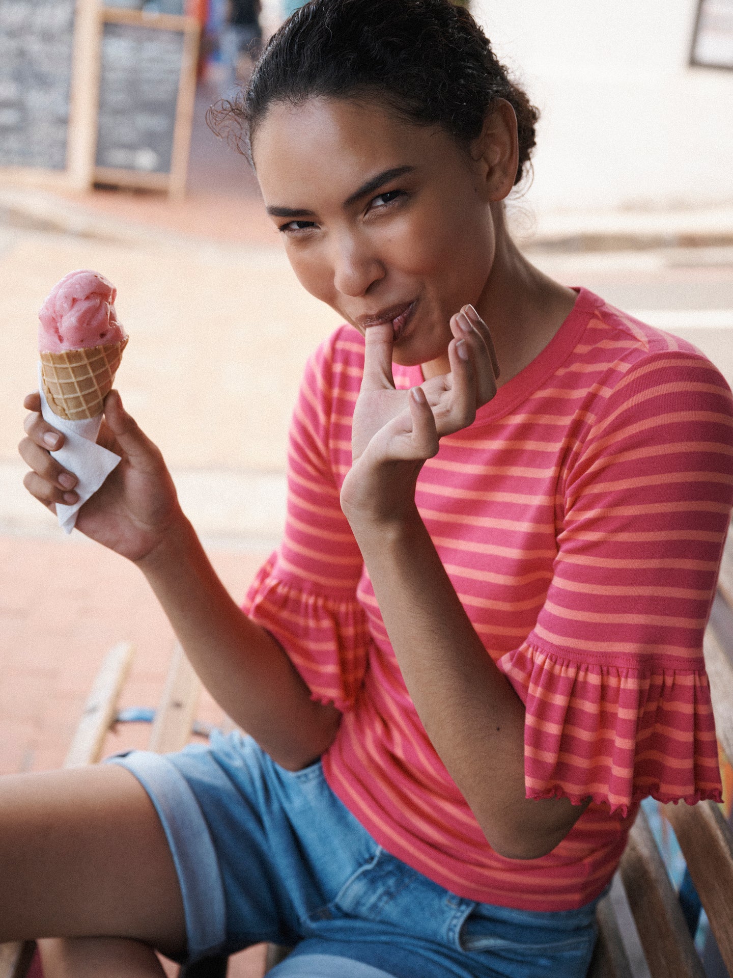 Frilly Bea stripe cotton t-shirt - Raspberry/Orange