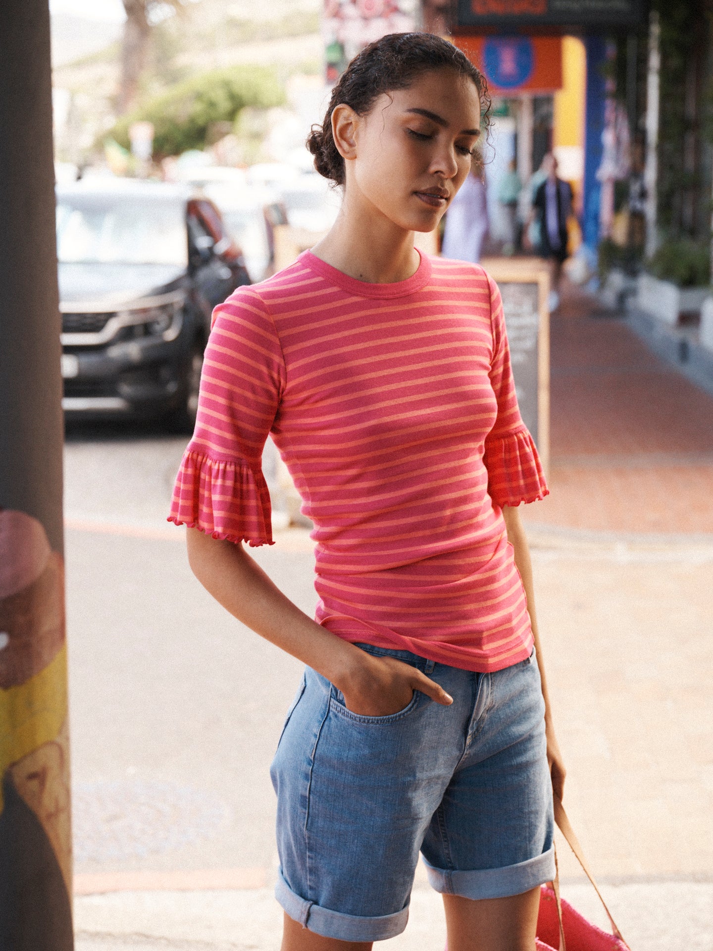 Frilly Bea stripe cotton t-shirt - Raspberry/Orange