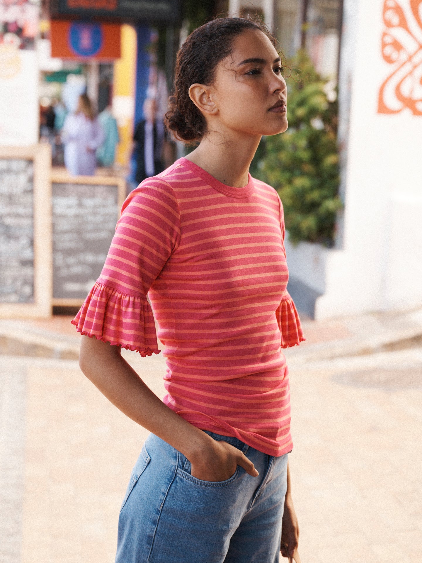 Frilly Bea stripe cotton t-shirt - Raspberry/Orange