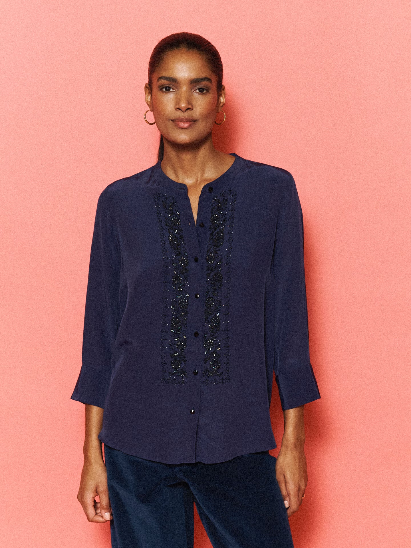 Flora Embroidered Shirt - Navy