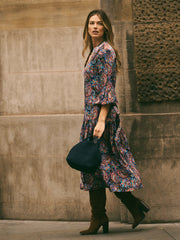 Frida Silk Navy Painterly Paisley Print Dress