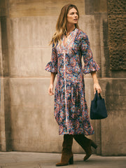 Frida Silk Navy Painterly Paisley Print Dress