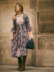Frida Silk Navy Painterly Paisley Print Dress