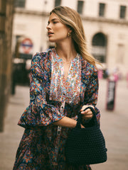 Frida Silk Navy Painterly Paisley Print Dress