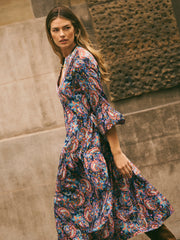 Frida Silk Navy Painterly Paisley Print Dress