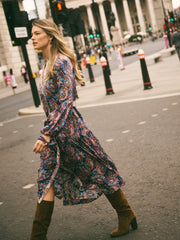 Frida Silk Navy Painterly Paisley Print Dress