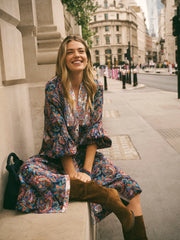 Frida Silk Navy Painterly Paisley Print Dress