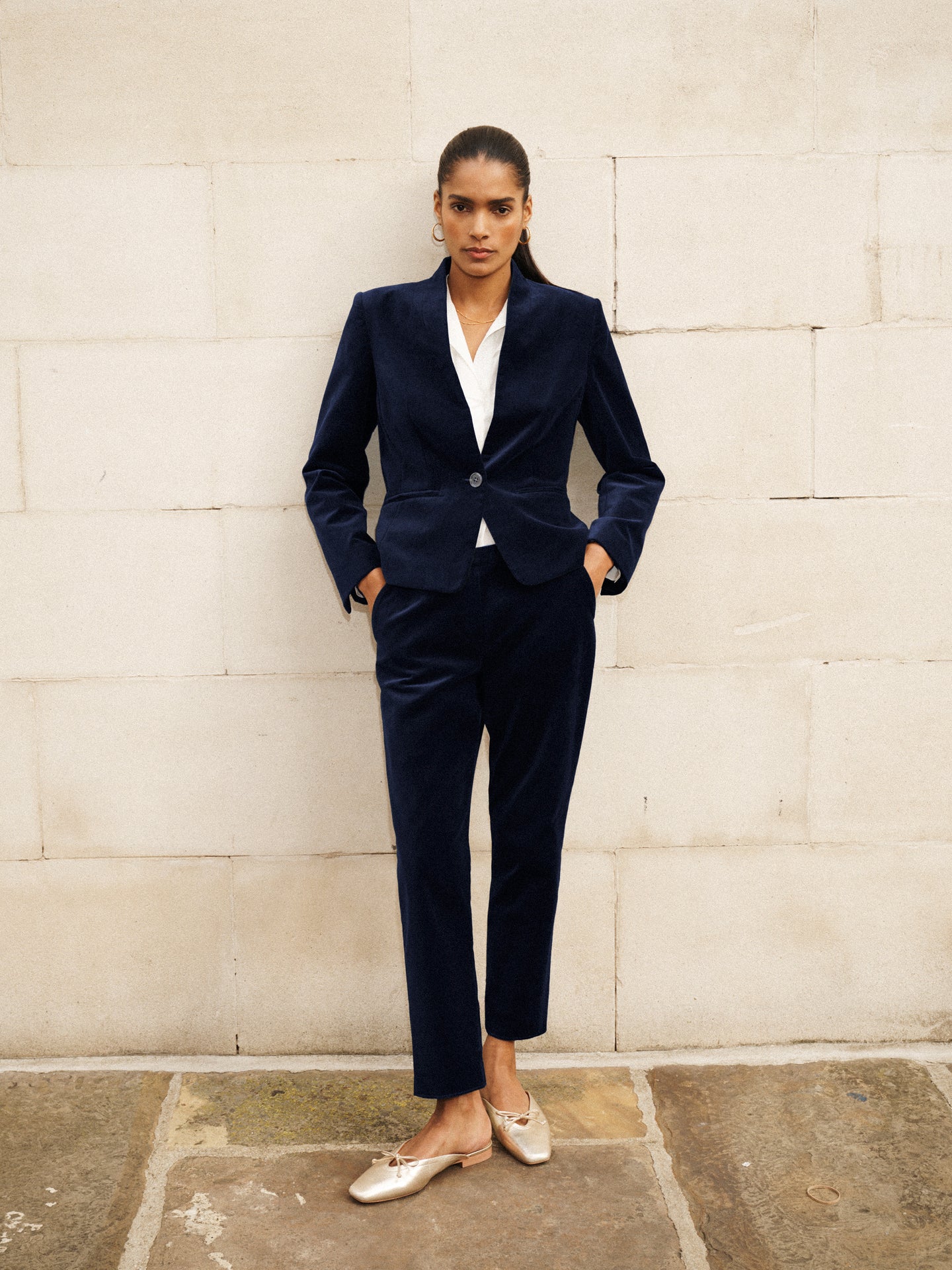 Velvet Blazer & Velvet Cigarette Pant Suit - Dark Navy