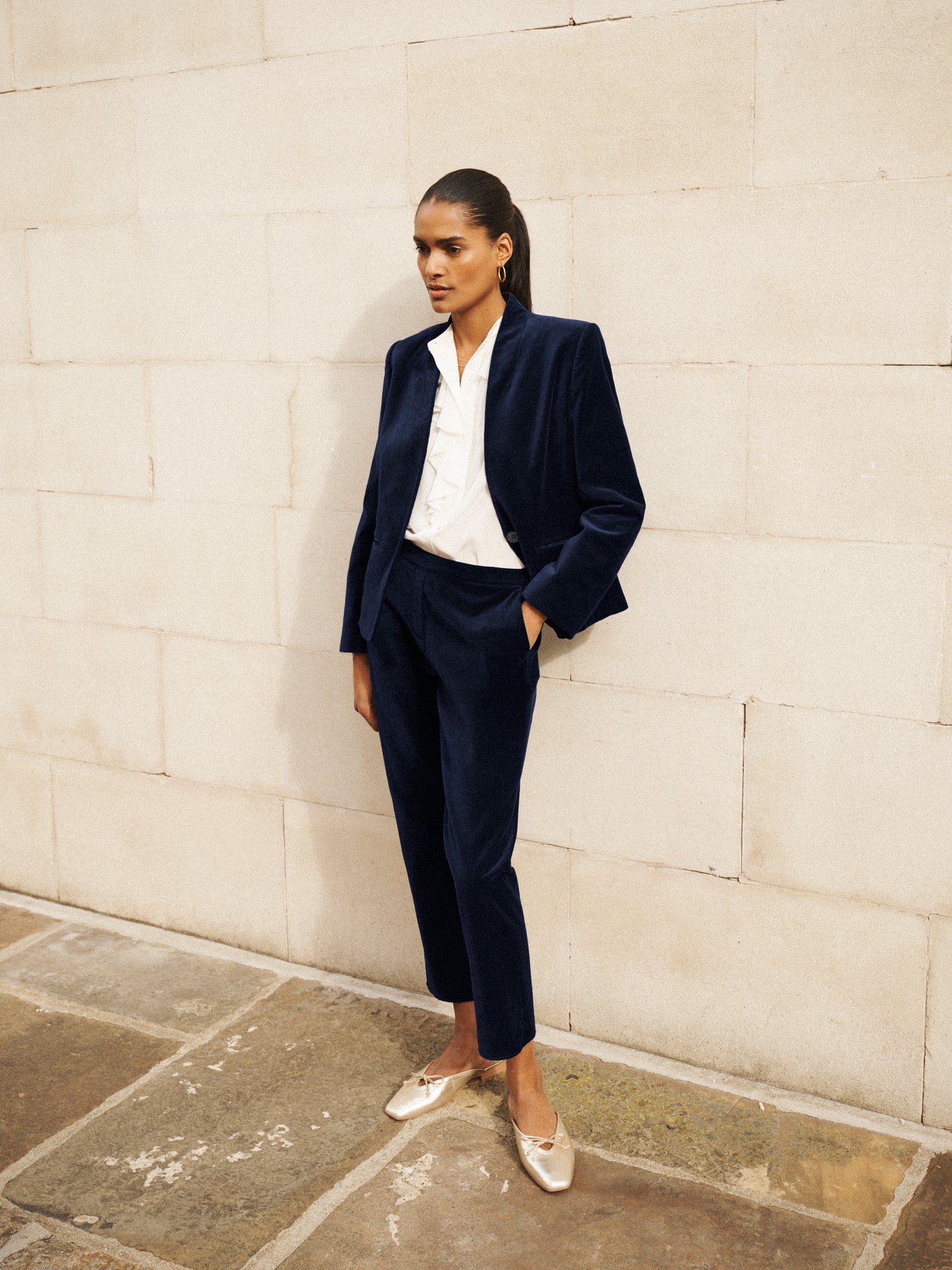 Velvet Blazer & Velvet Cigarette Pant Suit - Dark Navy