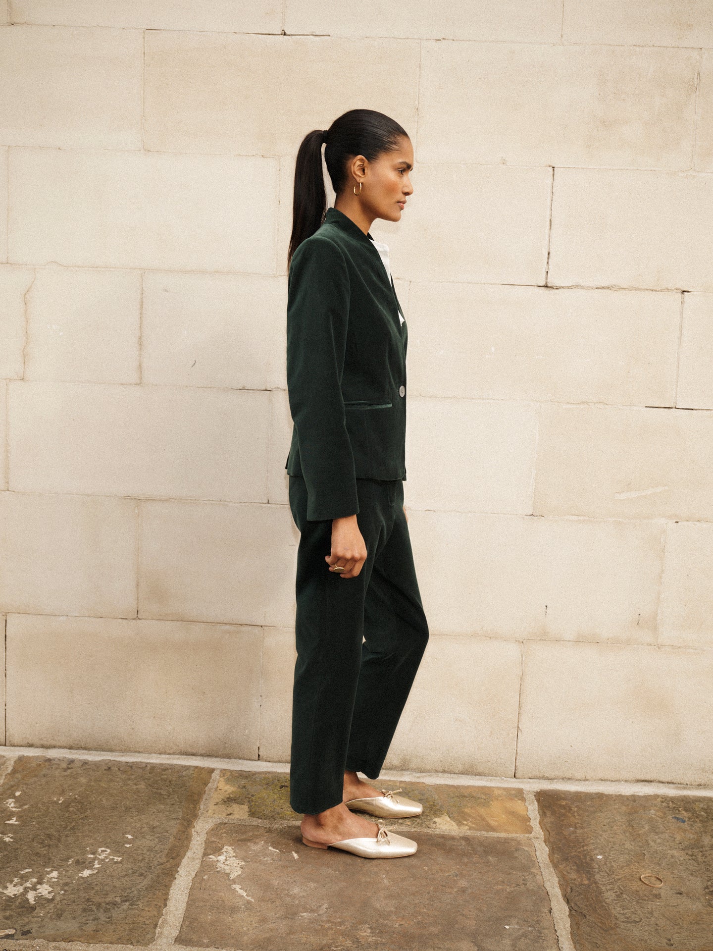 Velvet Blazer & Velvet Cigarette Pant Suit - Forest